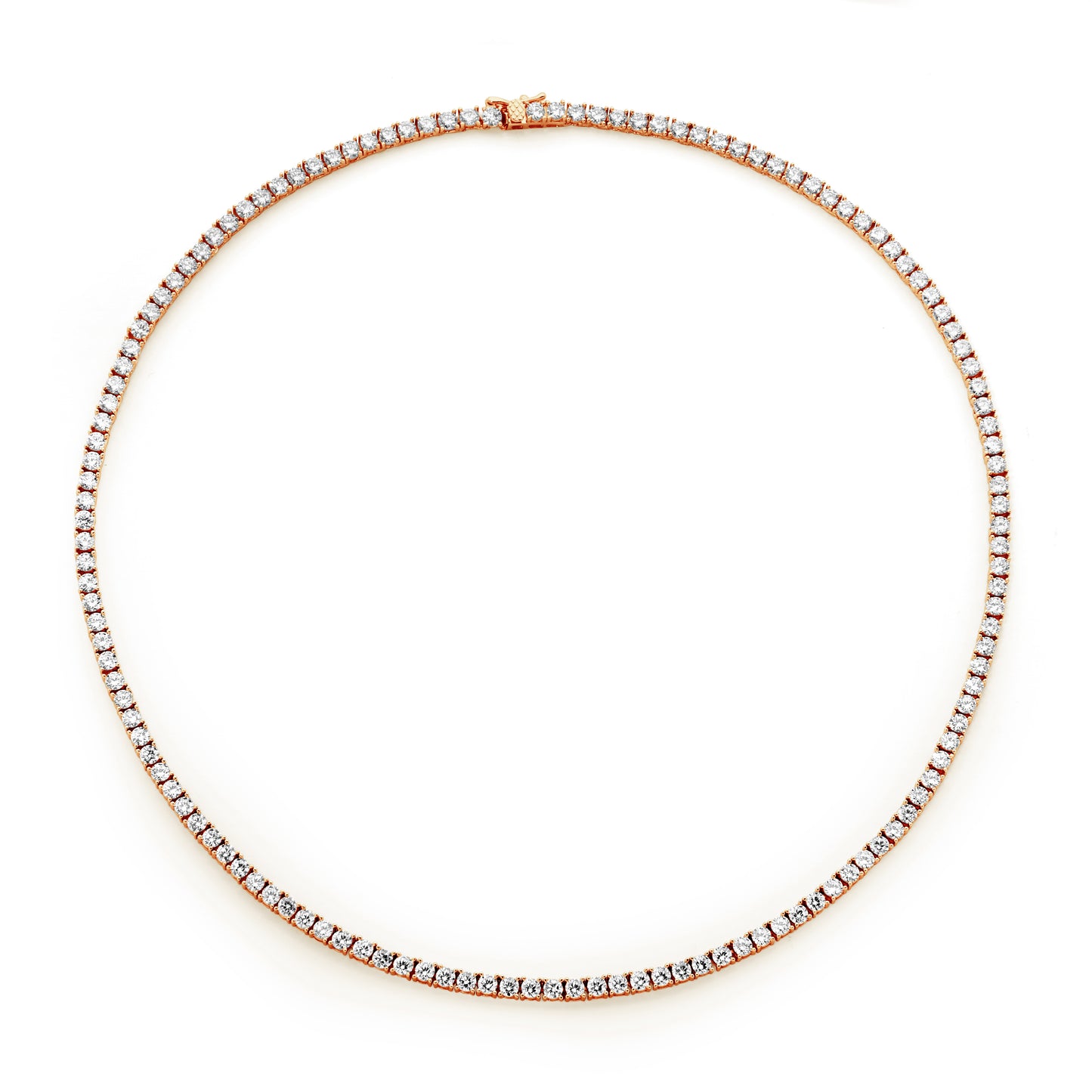 14K. Rose-gold plated; rhodium plated sterling silver tennis necklace. Timeless and sophisticated.