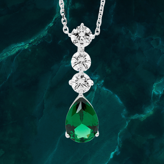 Exquisite Emerald Green Tear drop and White Cubic zirconia Pendant Necklace in Sterling Silver