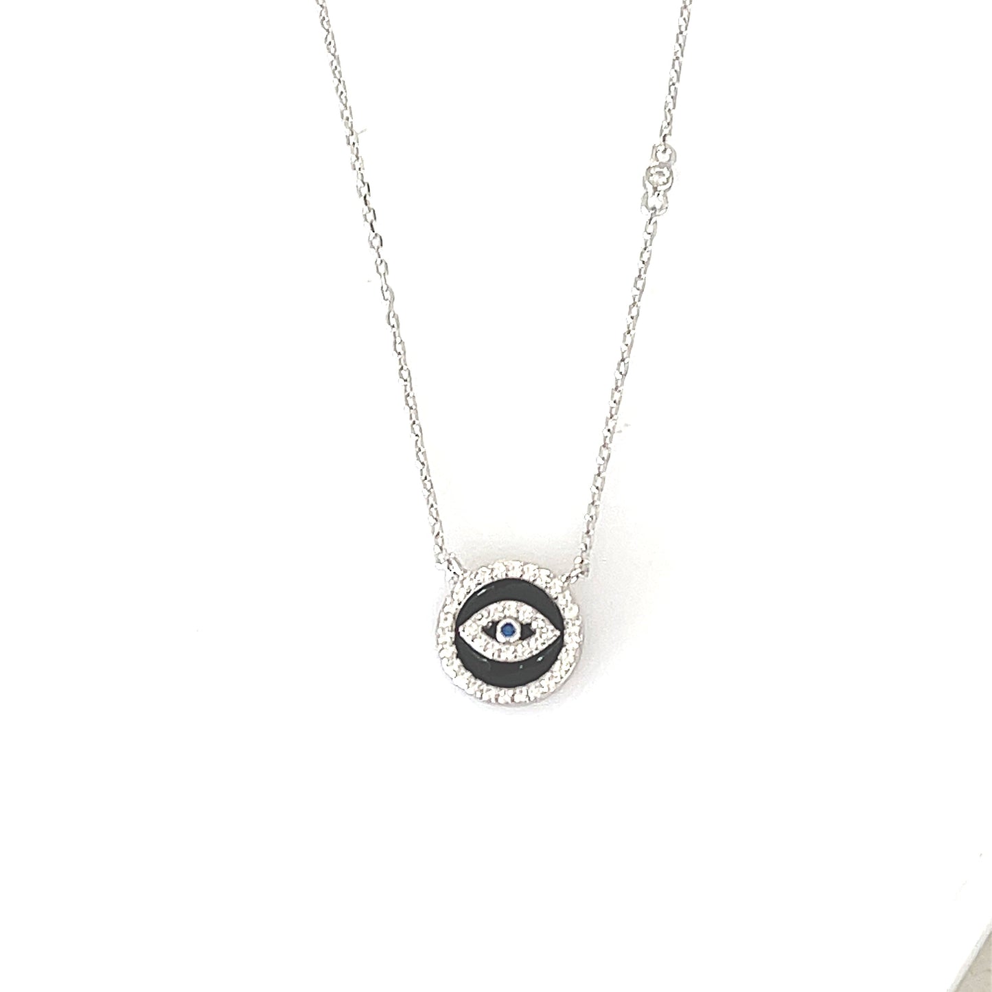 Sterling Silver Black Enamel Eye Disc Pendant Necklace