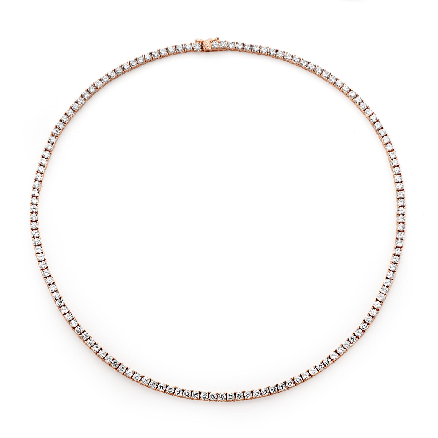 14K. Rose-gold plated; rhodium plated sterling silver tennis necklace. Timeless and sophisticated.