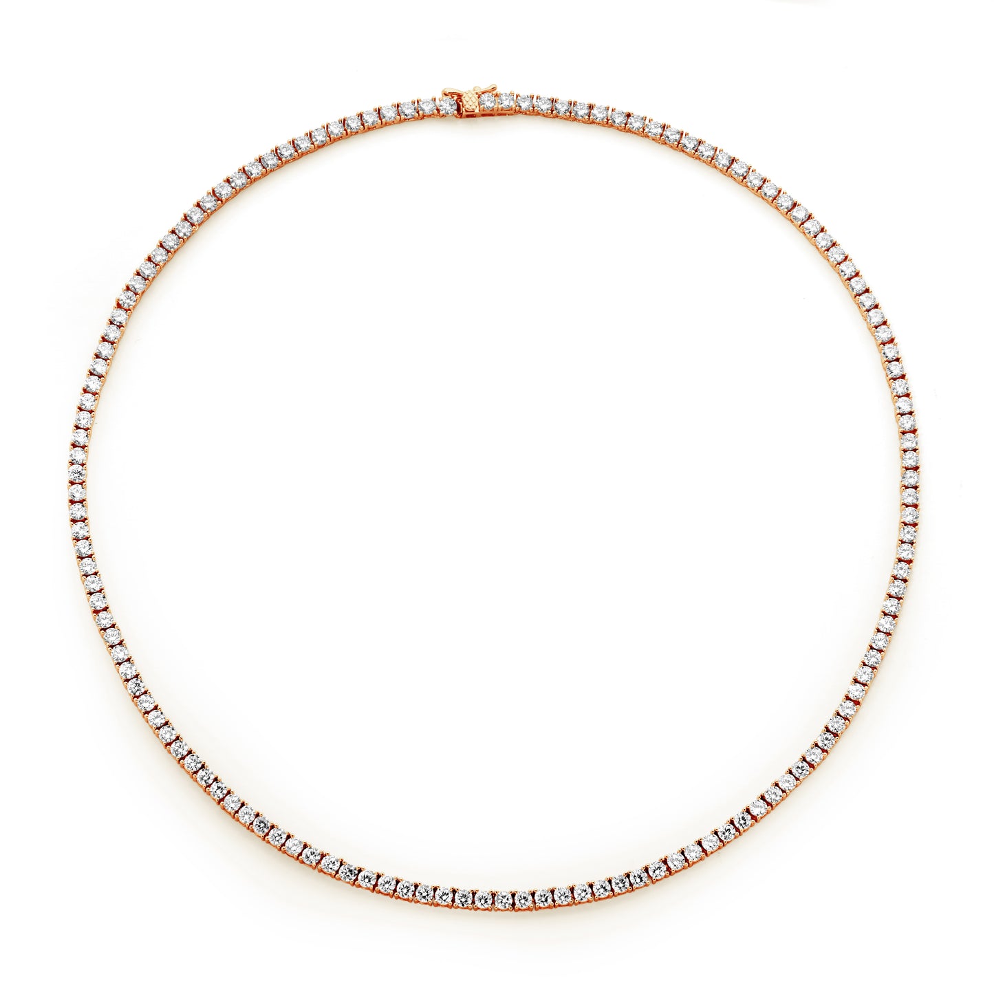 14K. Rose-gold plated; rhodium plated sterling silver tennis necklace. Timeless and sophisticated.