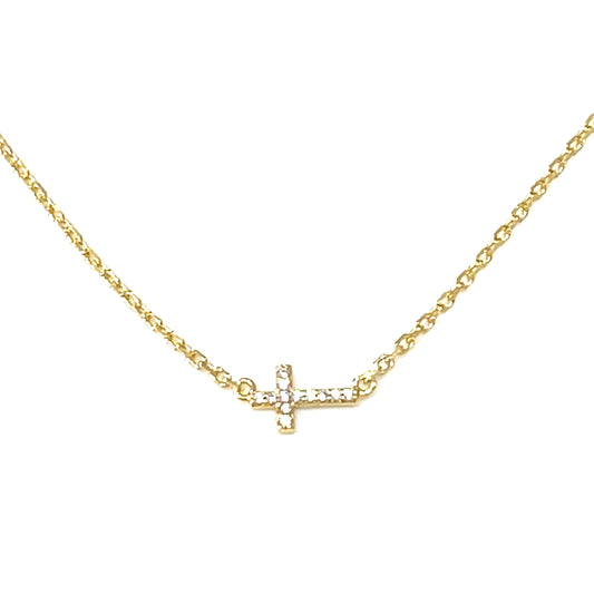 Luminous Grace: Petite CZ Pavé Horizontal Cross Necklace