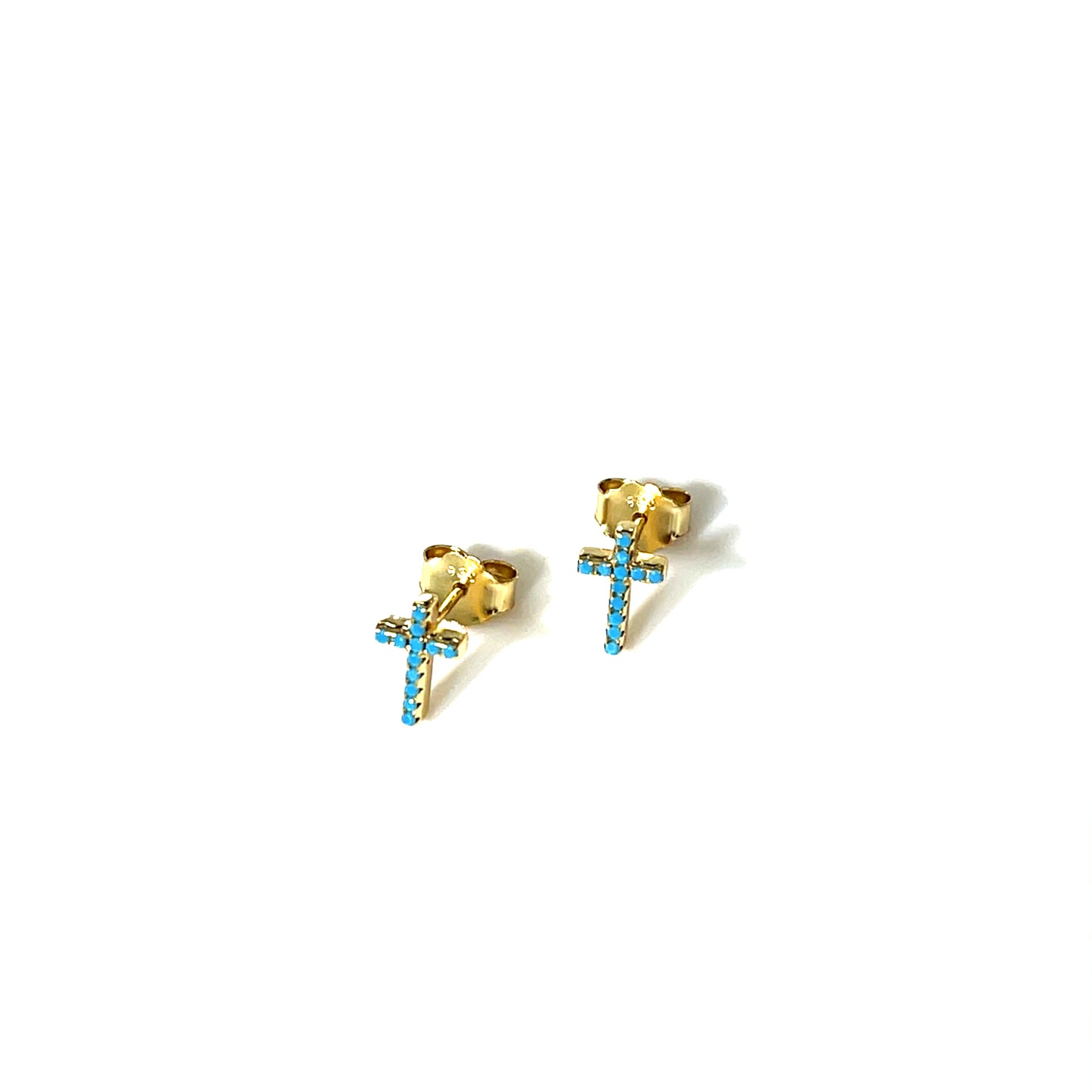🌿 Luminous Grace Petite Cross Stud Earrings – Nano Turquoise  Available in: Sterling Silver, Rhodium Finish, Yellow Gold Finish, Rose Gold Finish