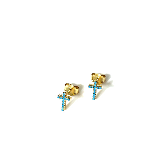 🌿 Luminous Grace Petite Cross Stud Earrings – Nano Turquoise  Available in: Sterling Silver, Rhodium Finish, Yellow Gold Finish, Rose Gold Finish