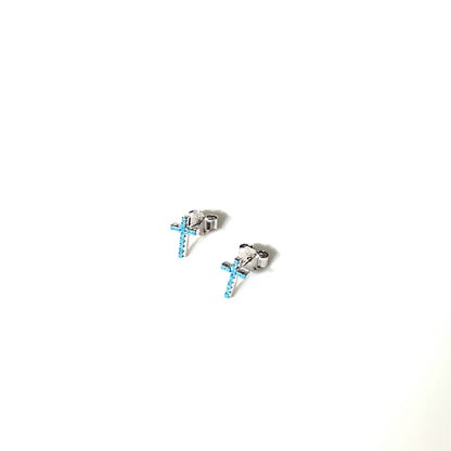 🌿 Luminous Grace Petite Cross Stud Earrings – Nano Turquoise  Available in: Sterling Silver, Rhodium Finish, Yellow Gold Finish, Rose Gold Finish