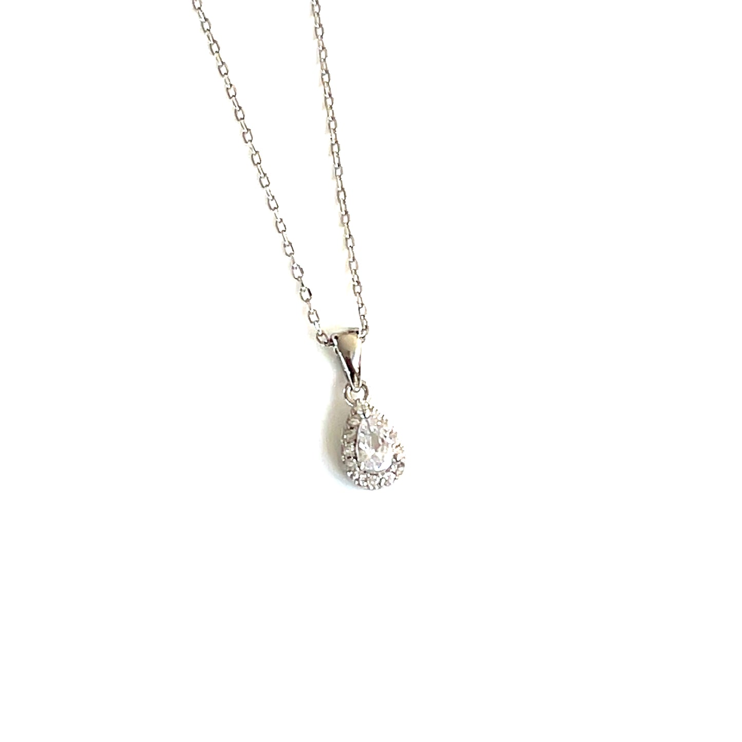 💧 Petite Teardrop Halo Pendant Necklace – Sterling Silver
