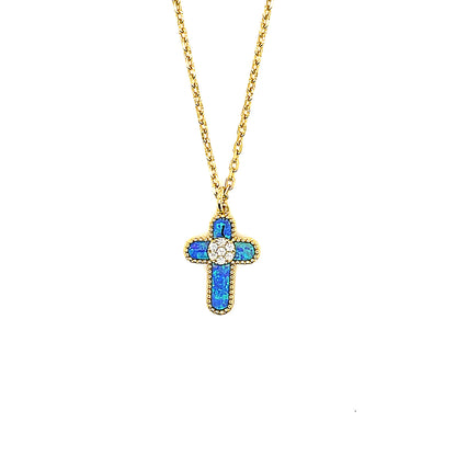 Sterling Silver Blue Opalite Design Cross Pendant Necklace