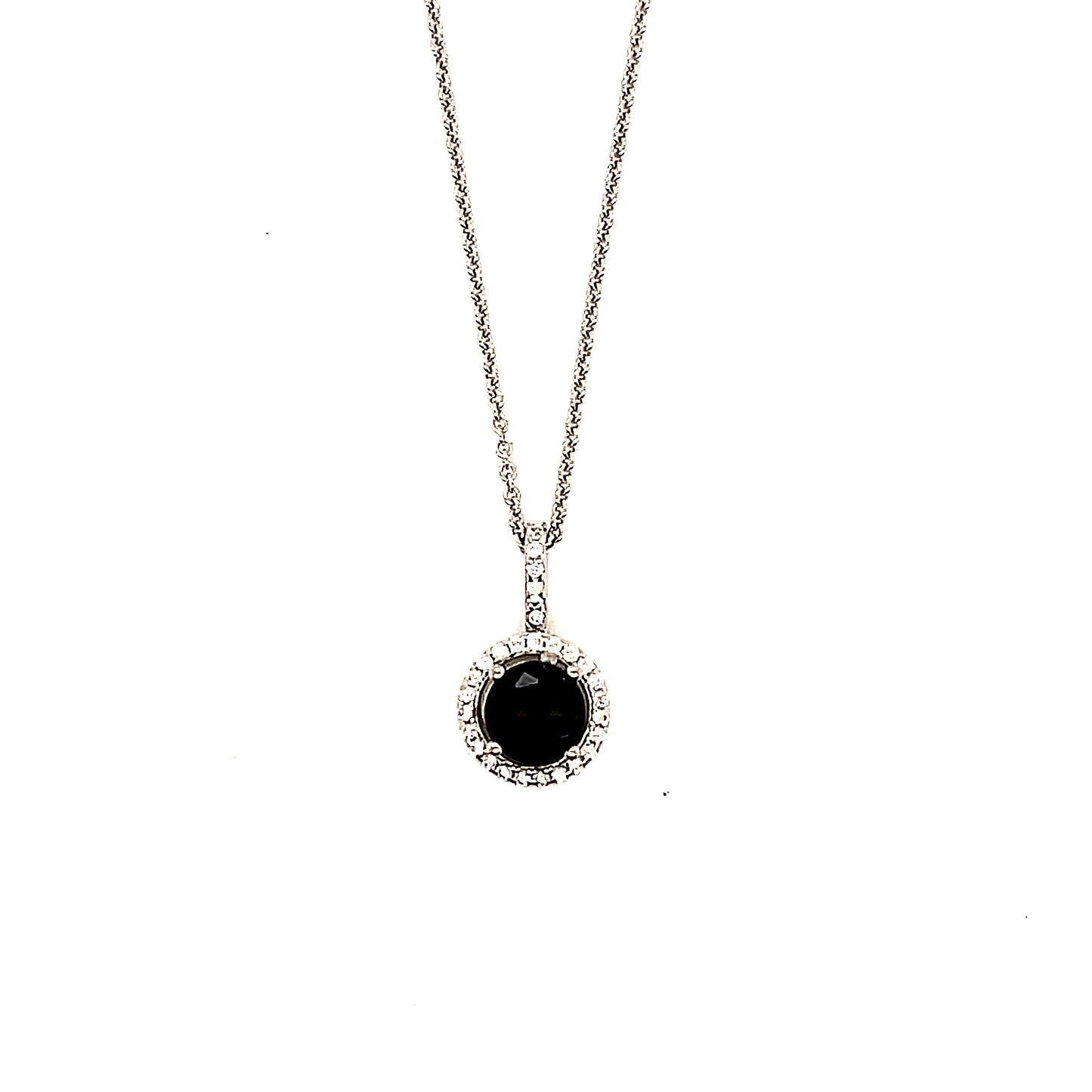 Sterling Silver Halo Style Black Stone Pendant Necklace