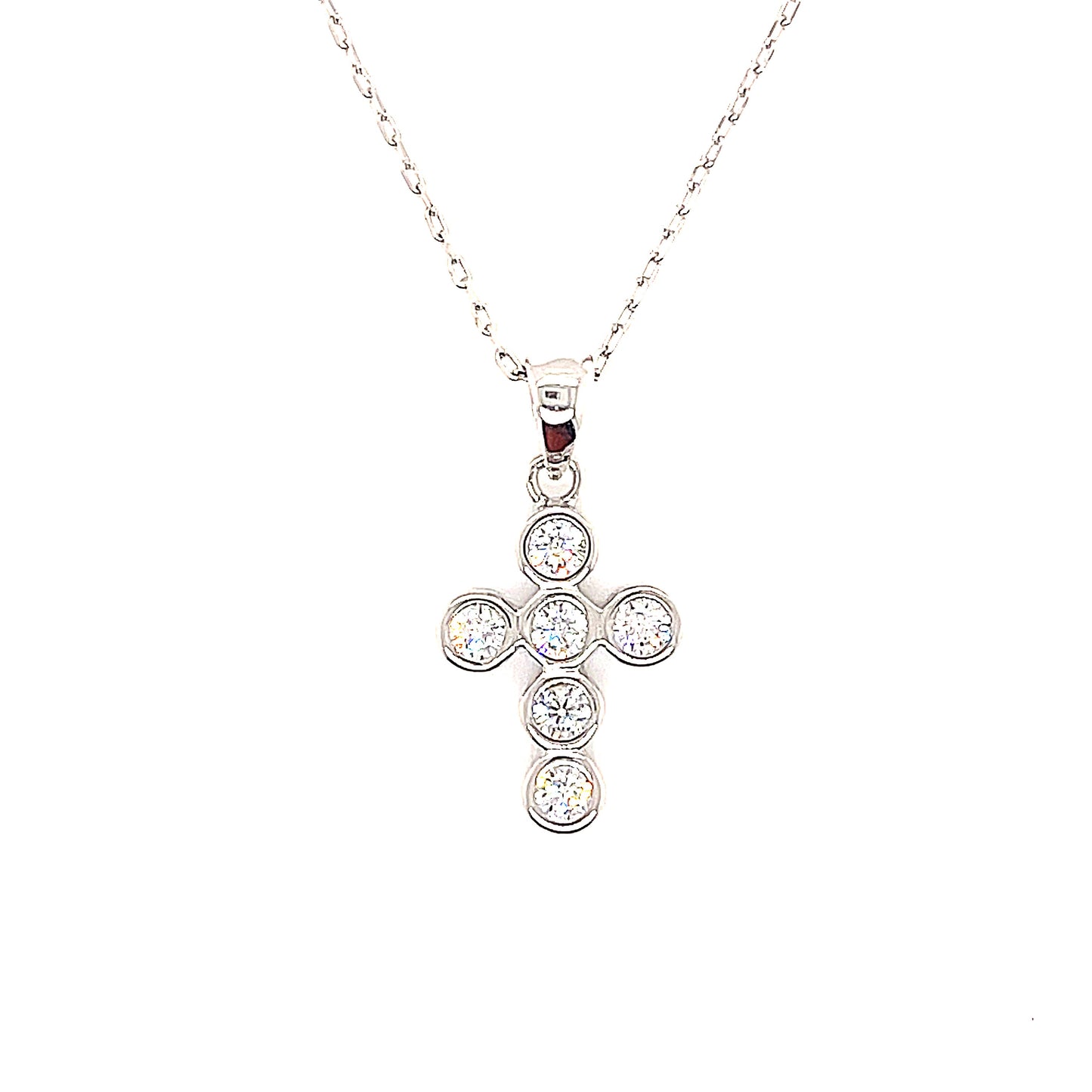 Sterling Silver Round Bezel Set Cubic Zirconia Cross Pendant Necklace