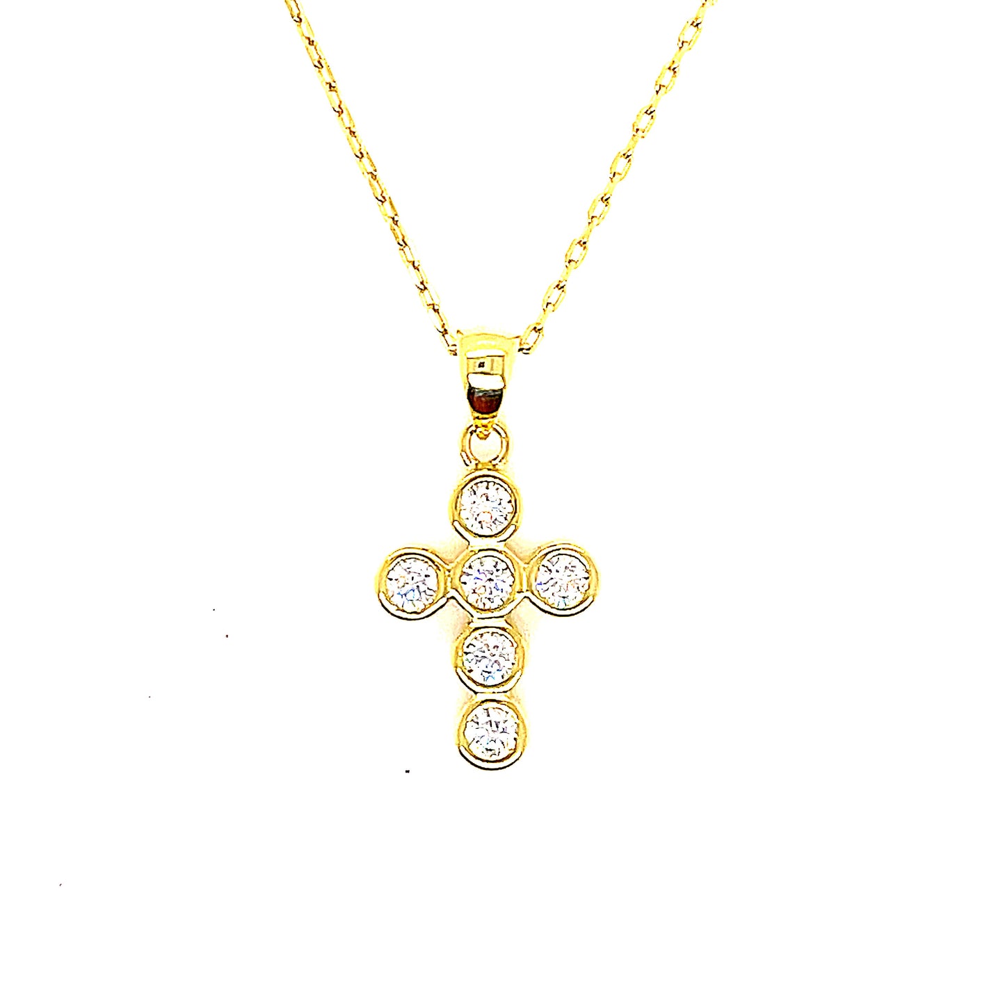 Sterling Silver Round Bezel Set Cubic Zirconia Cross Pendant Necklace