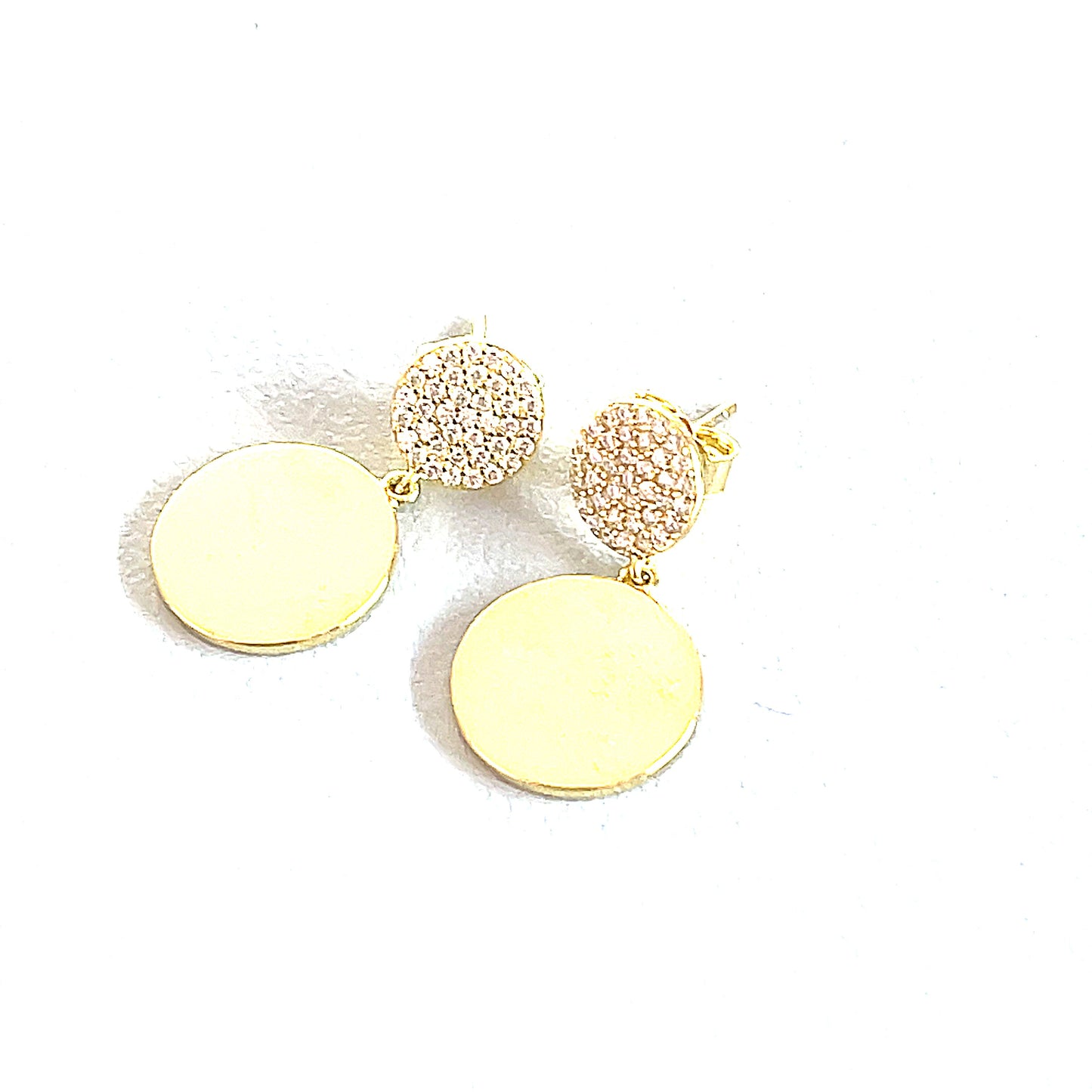 Sterling Silver Pave' Stud with Dangling Round Disc Earrings