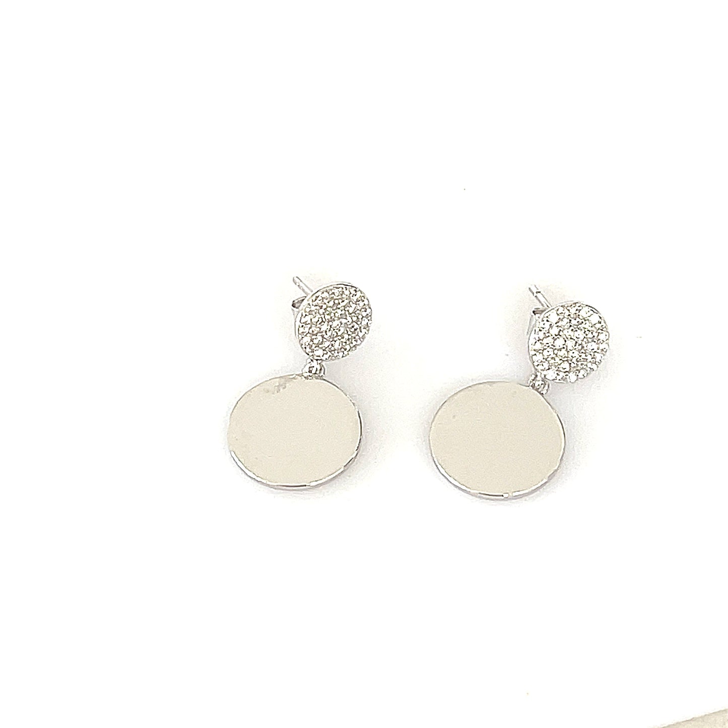Sterling Silver Pave' Stud with Dangling Round Disc Earrings
