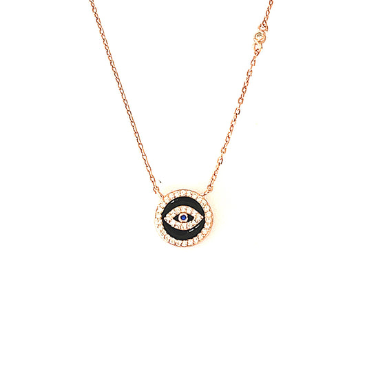 Sterling Silver Black Enamel Eye Disc Pendant Necklace