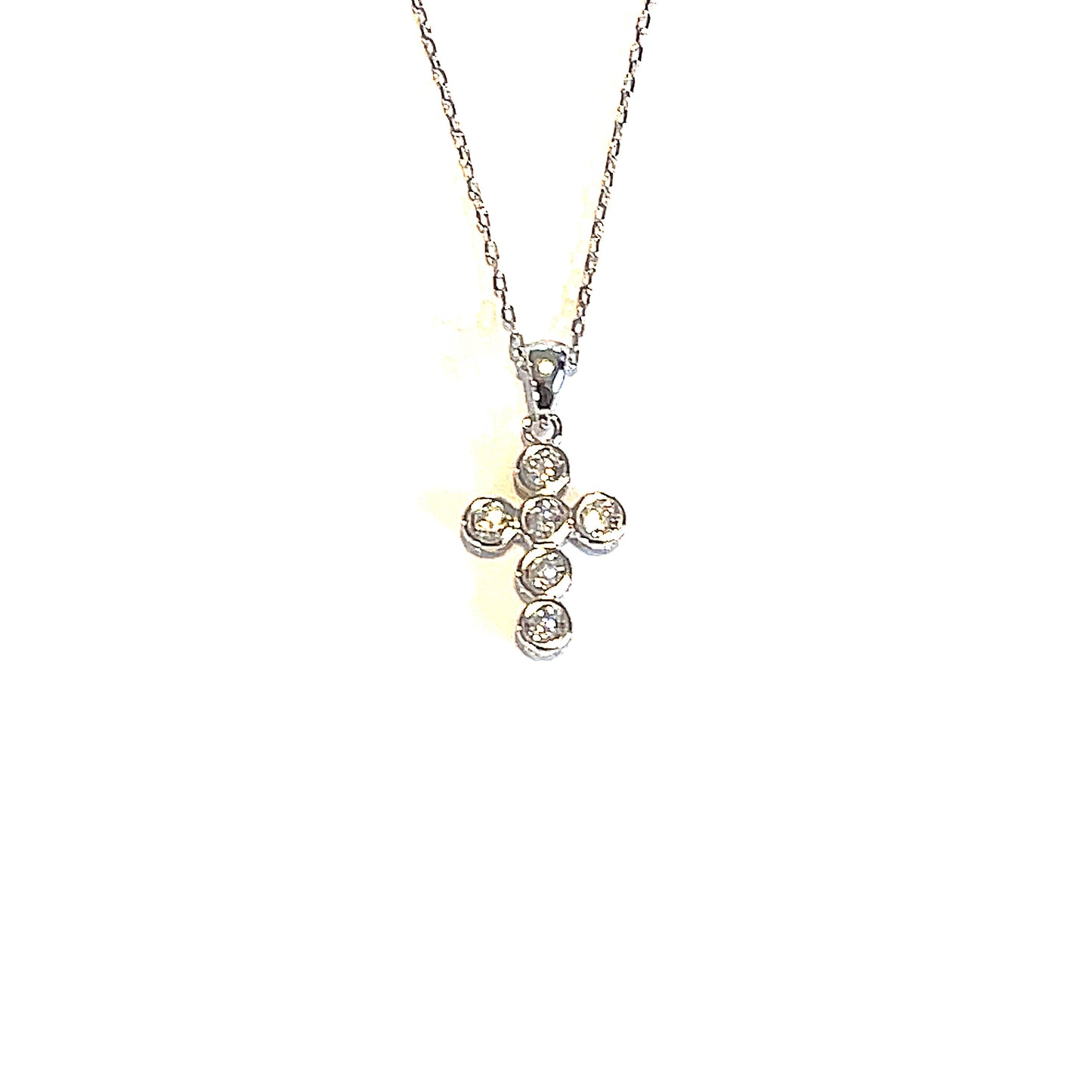 Sterling Silver Round Bezel Set Cubic Zirconia Cross Pendant Necklace