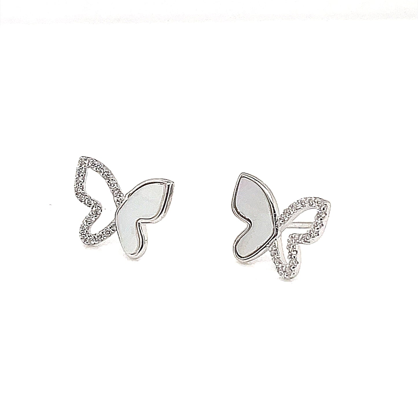 Sterling Silver Mother of Pearl and CZ Pave' Butterfly Stud Earrings.