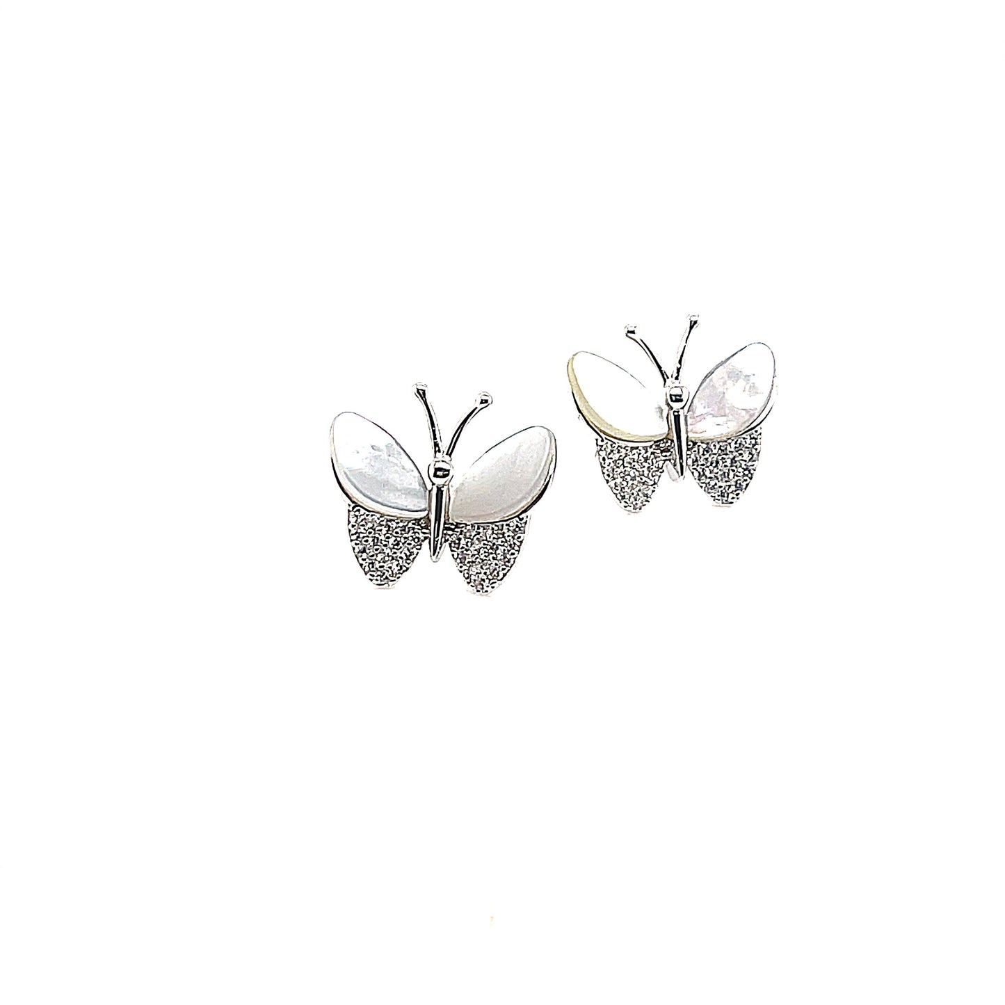 Sterling Silver Mother of Pearl and Pave' Butterfly Stud Earrings.