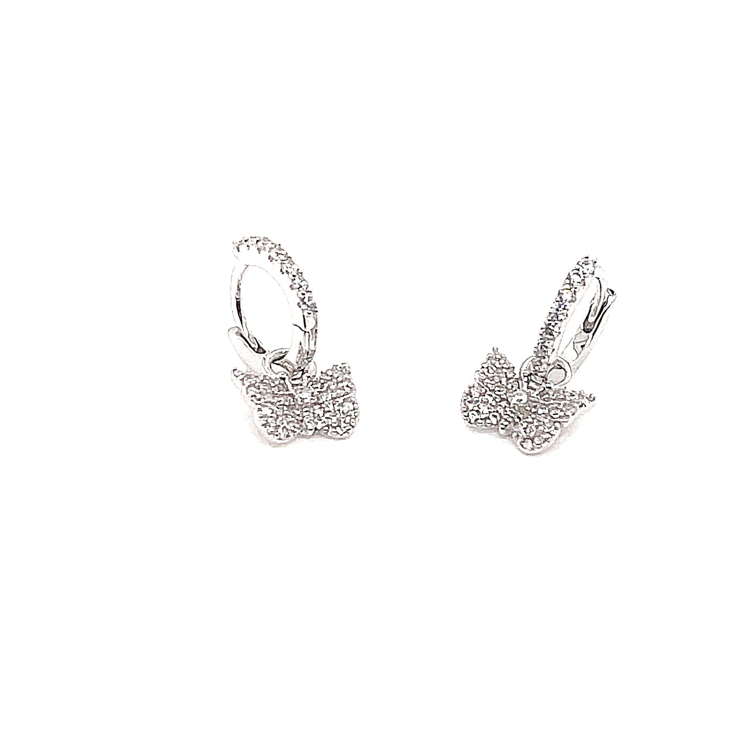 Sterling Silver Pave' Small Dangling Butterfly Hoop Earrings