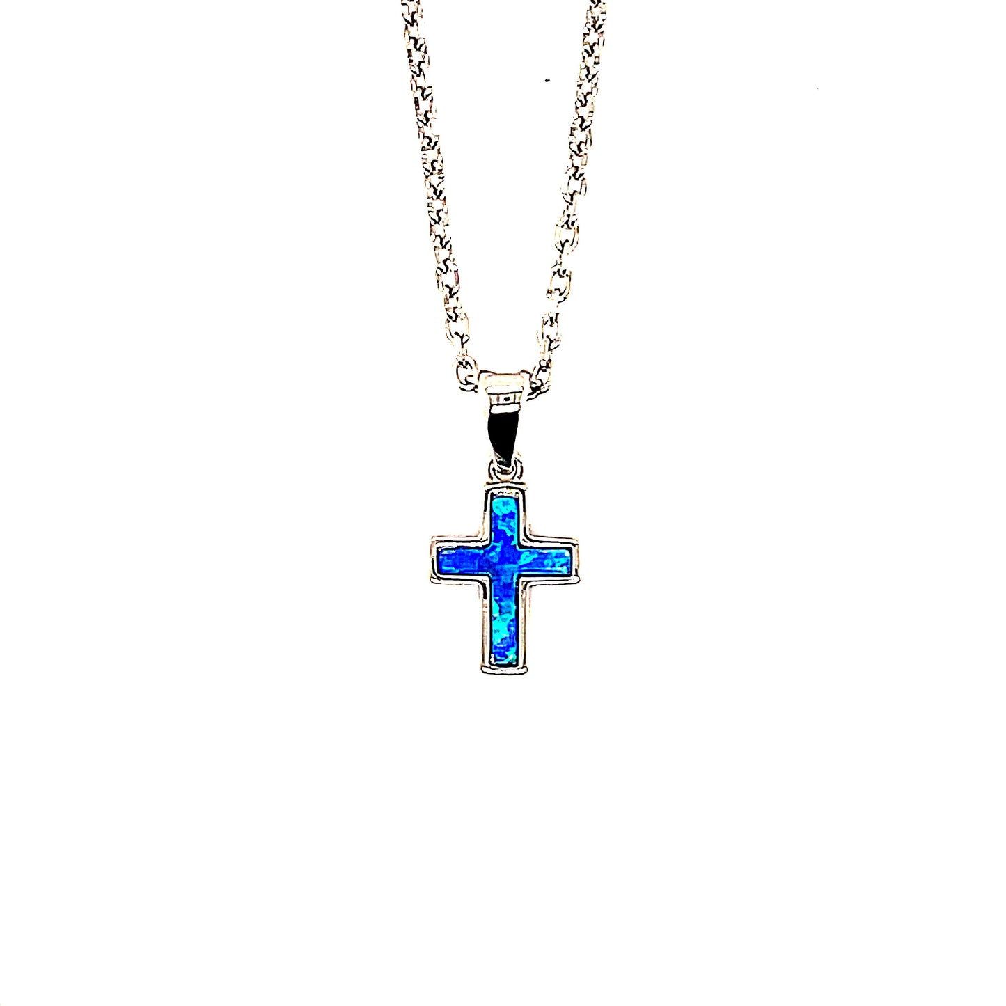 Sterling Silver Blue Opalite Small Cross Pendant Necklace